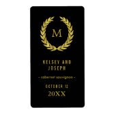 Elegante gouden laurierkrans op zwarte trouwwijn etiket (Voorkant)