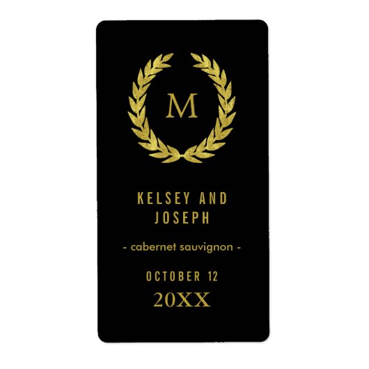 Elegante gouden laurierkrans op zwarte trouwwijn etiket (Voorkant)