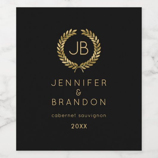 Elegante gouden lauwerkrans op zwart wijnlabel wijn etiket (Enkel label)