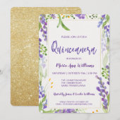 Elegante gouden Lavendel Bloemen Glitter Quinceane Kaart (Voorkant / Achterkant)