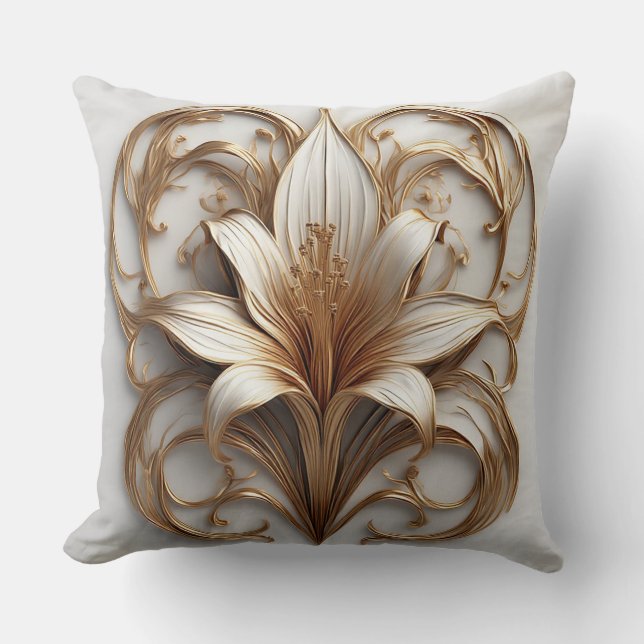 Elegante Gouden Lelie Witte Sierontwerp Kussen (Voorkant)