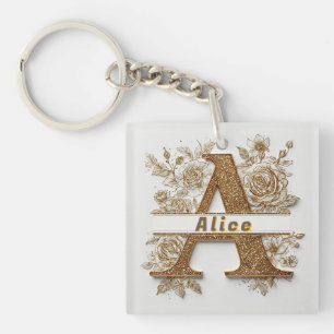Elegante gouden letter A met delicate bloemen Sleutelhanger