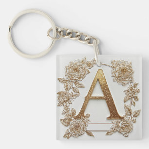 Elegante gouden letter A met delicate bloemen Sleutelhanger
