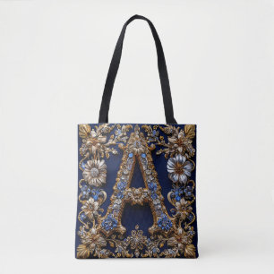 Elegante gouden letter "A" met sierlijke bloemende Tote Bag