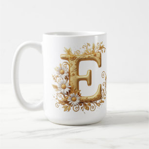 Elegante Gouden Letter E Met Bloemontwerp Koffiemok