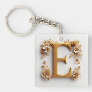 Elegante Gouden Letter E met Delicate Bloemen Sleutelhanger