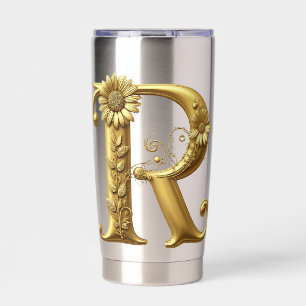 Elegante gouden letter R met bloemversieringen Geïsoleerde Drinkbeker