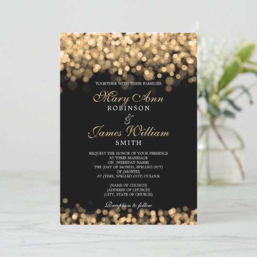 Elegante gouden lichten bruiloft kaart (Staand voorkant)