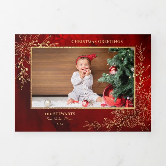 Elegante gouden lijn getrokken kerst botanische fo drieluik wenskaart (Cover)