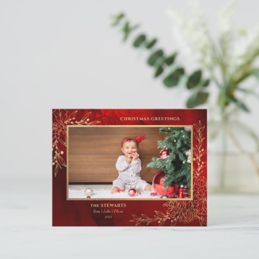 Elegante gouden lijn getrokken kerst botanische fo feestdagenkaart (Staand voorkant)