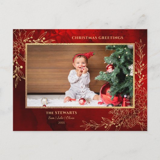 Elegante gouden lijn getrokken kerst botanische fo feestdagenkaart (Voorkant)