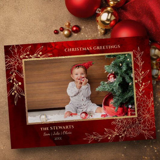 Elegante gouden lijn getrokken kerst botanische fo feestdagenkaart