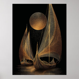 Elegante gouden lijnkunstillustratie van langschep poster