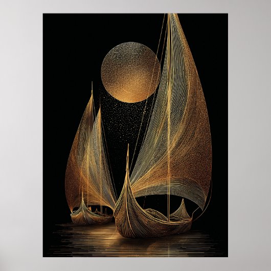Elegante gouden lijnkunstillustratie van langschep poster (Voorkant)