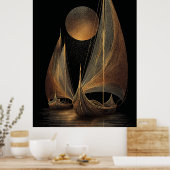Elegante gouden lijnkunstillustratie van langschep poster (Keuken)