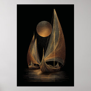 Elegante gouden lijnkunstillustratie van langschep poster