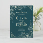 Elegante gouden lijst bloemen bruiloft save the date (Staand voorkant)