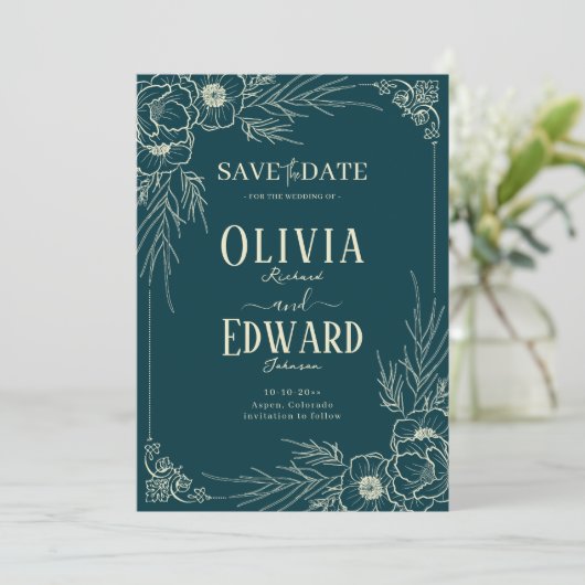 Elegante gouden lijst bloemen bruiloft save the date (Staand voorkant)