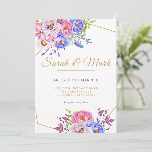 Elegante gouden Lijst Bloemen bruiloft uitnodiging (Staand voorkant)