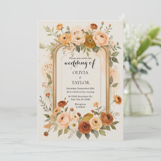 Elegante gouden Lijst bloemenbruiloft Kaart (Staand voorkant)