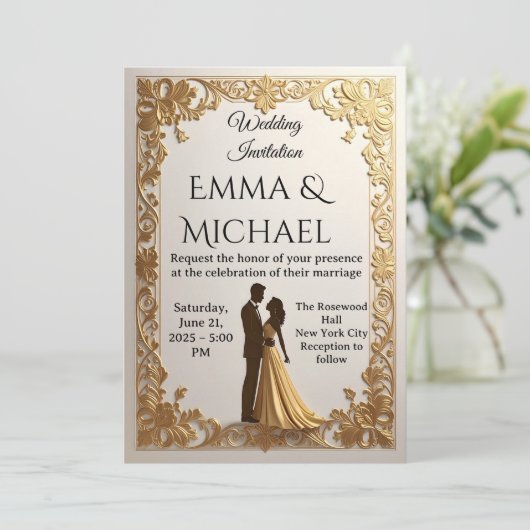 Elegante gouden Lijst bruiloft uitnodiging (Staand voorkant)