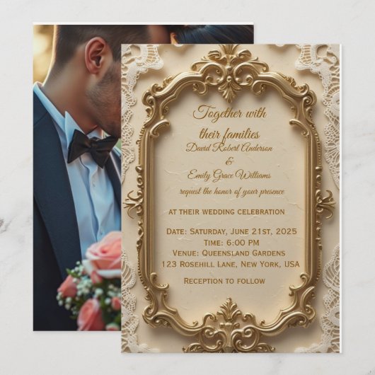 Elegante gouden Lijst bruiloft uitnodiging (Voorkant / Achterkant)