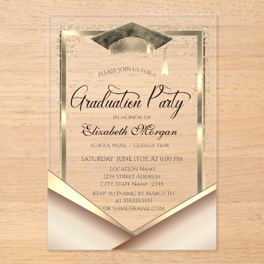 Elegante gouden lijst diamanten afstuderen acryl uitnodigingen (Voorkant)