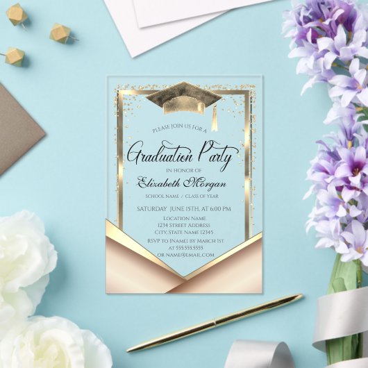 Elegante gouden lijst diamanten afstuderen acryl uitnodigingen (Insitu (Huwelijk))