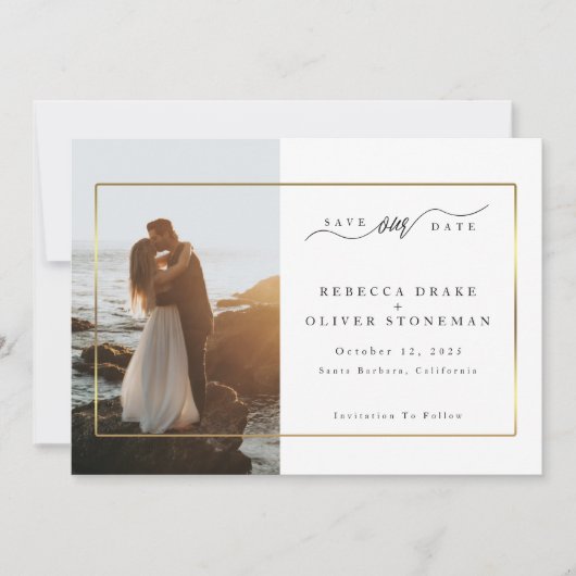Elegante Gouden Lijst Foto Bruiloft Save The Date (Voorkant)