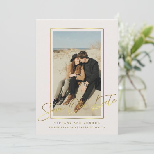 Elegante gouden lijst foto bruiloft save the date (Staand voorkant)