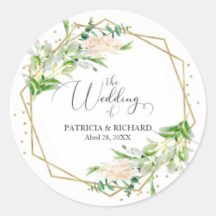 Elegante gouden lijst geometrische groene bloemen  ronde sticker