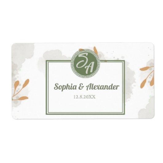 Elegante gouden lijst & groen bloemend huwelijksui etiket (Voorkant)