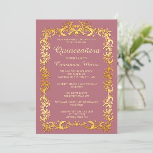 Elegante gouden lijst Quinceanera uitnodiging (Staand voorkant)