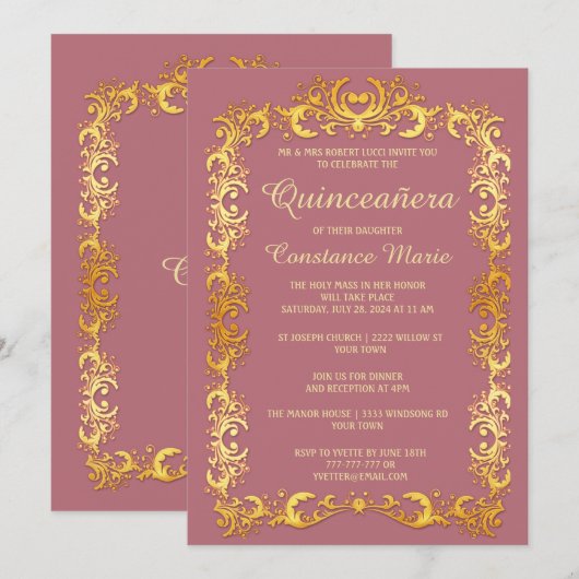 Elegante gouden lijst Quinceanera uitnodiging (Voorkant / Achterkant)