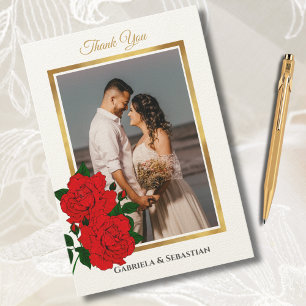 Elegante gouden Lijst rode rozen trouwfoto Bedankkaart