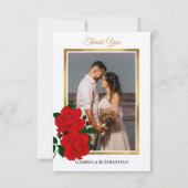 Elegante gouden Lijst rode rozen trouwfoto Bedankkaart (Voorkant)
