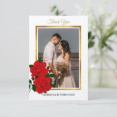 Elegante gouden Lijst rode rozen trouwfoto Bedankkaart (Staand voorkant)