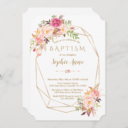 Elegante gouden lijst roze bloem doop kaart (Voorkant / Achterkant)