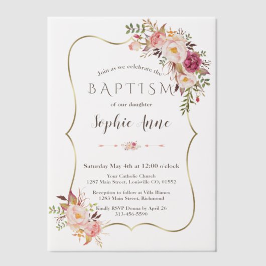 Elegante gouden lijst roze bloemen Meisje Doop Vellum Uitnodigingen (Voorkant)