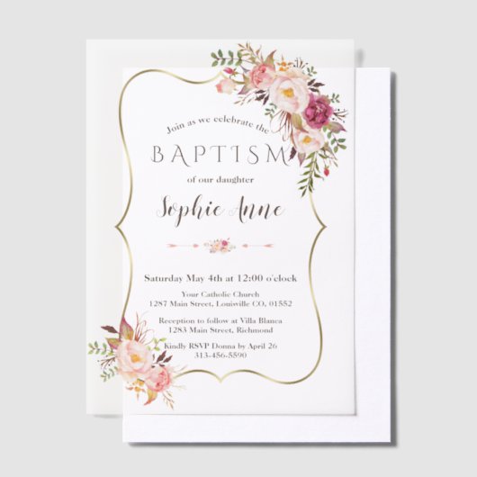 Elegante gouden lijst roze bloemen Meisje Doop Vellum Uitnodigingen (Offset)