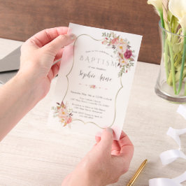 Elegante gouden lijst roze bloemen Meisje Doop Vellum Uitnodigingen