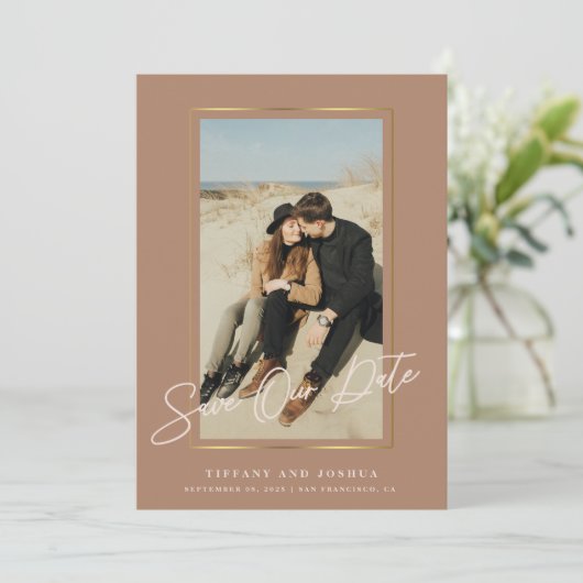 Elegante gouden Lijst stoffige Roos foto bruiloft Save The Date (Staand voorkant)