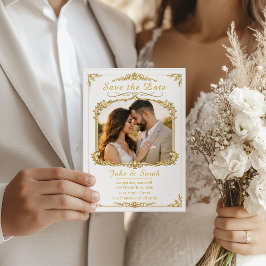Elegante gouden lijst trouw save the date fotokaar