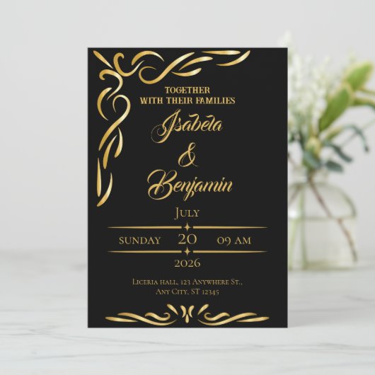 Elegante gouden Lijst uitnodiging | Zwart & Goud O (Staand voorkant)