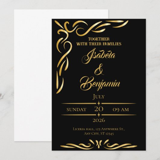 Elegante gouden Lijst uitnodiging | Zwart & Goud O (Voorkant / Achterkant)