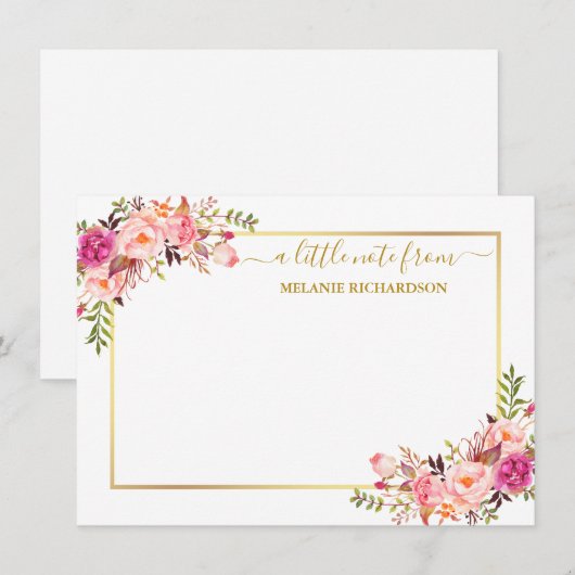 Elegante gouden Lijst Waterverf Roze Blush Bloemen Notitiekaartje (Voorkant / Achterkant)