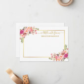 Elegante gouden Lijst Waterverf Roze Blush Bloemen Notitiekaartje (Voorkant / Achterkant in situ)