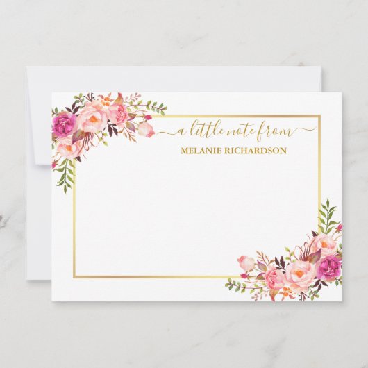 Elegante gouden Lijst Waterverf Roze Blush Bloemen Notitiekaartje (Voorkant)