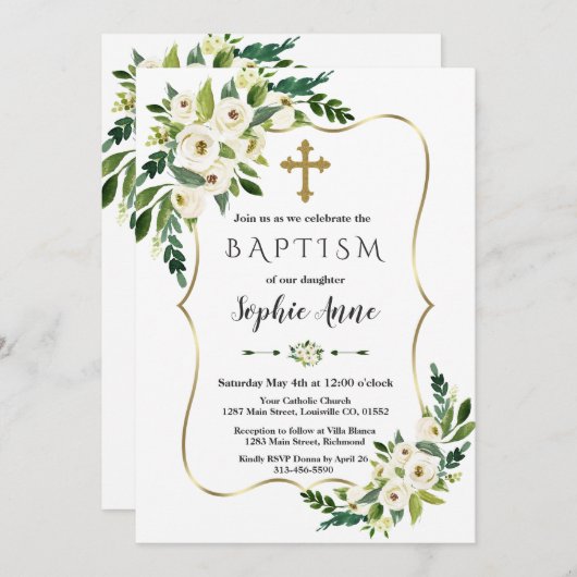 Elegante gouden lijst Witte Bloeiende Bloemen Doop Kaart (Voorkant / Achterkant)