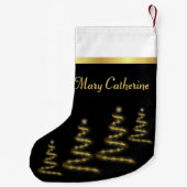 Elegante gouden lint bomen en sterren op zwart kleine kerstsok (Achterkant)